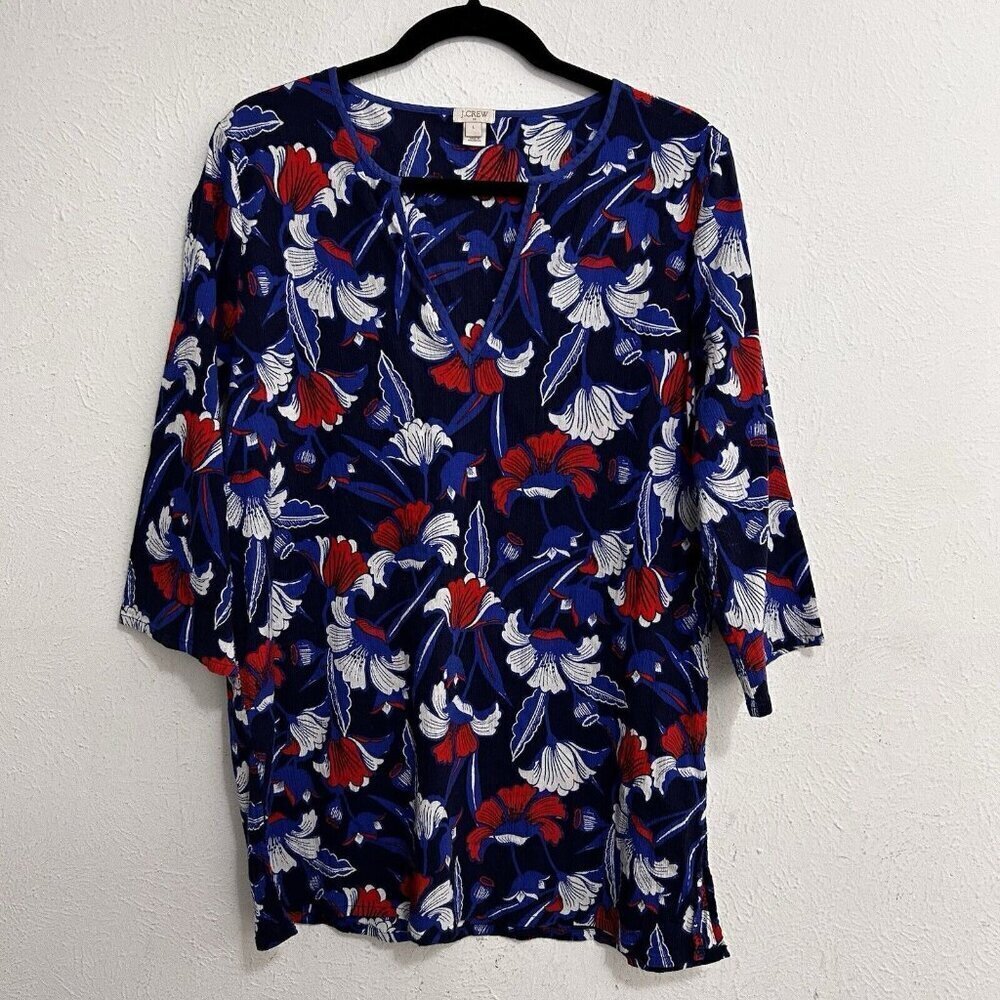 J. Crew Women's Navy Blue Red Floral 3/4 Sleeve Beach Tunic Coverup Size L Vacay